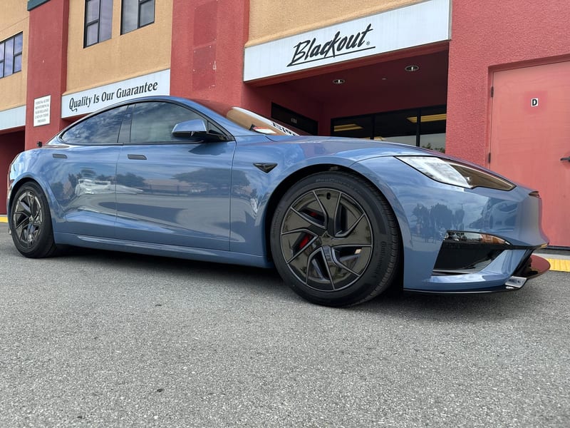 Tesla Model S with PPF and window tint at Blackout Window Tinting shop