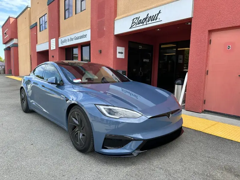 Blue Tesla Model S with PPF and ceramic window tint at Blackout Window Tinting in Gilroy, CA
